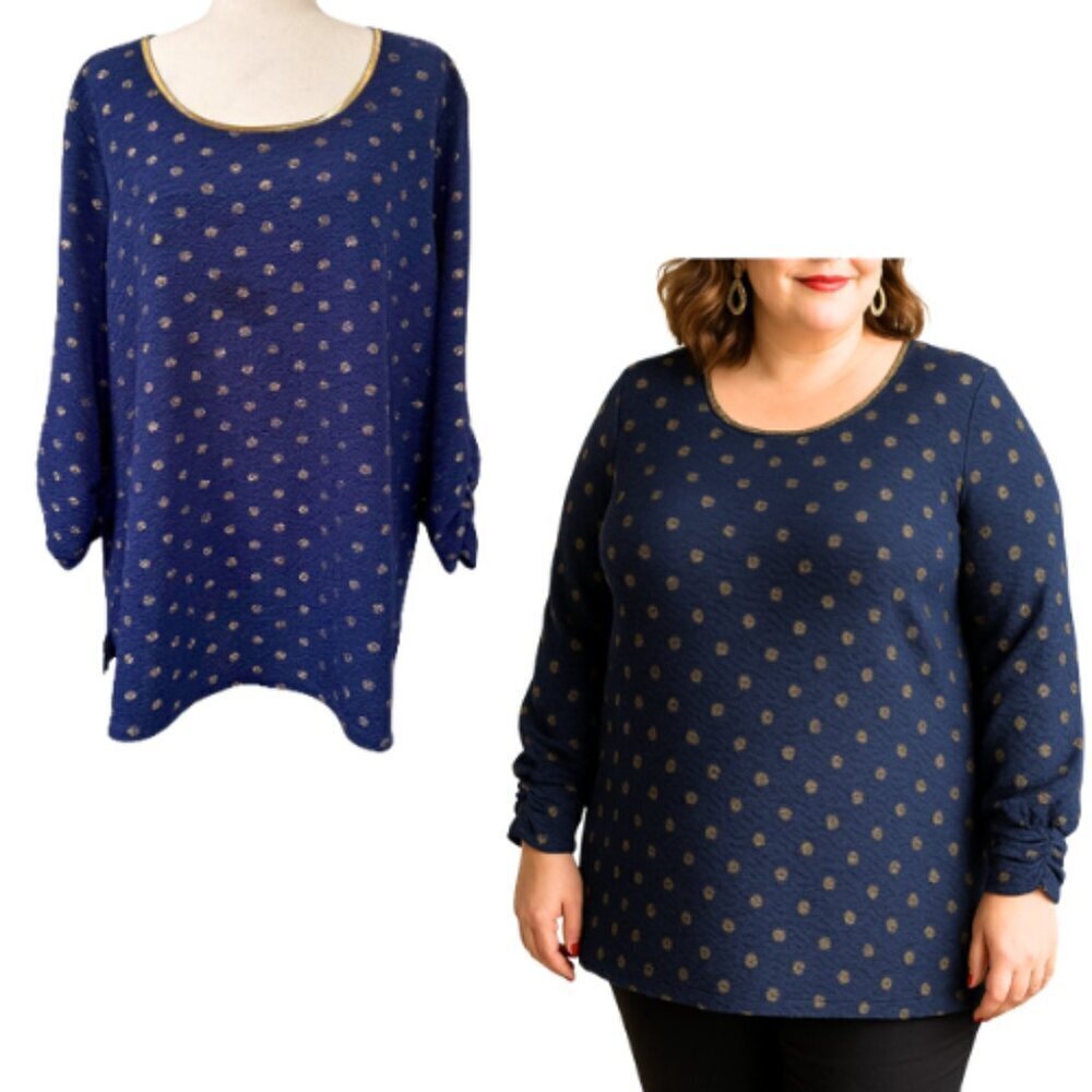 SUSAN GRAVER Navy & Gold Crinkle Knit Metallic Dot Tunic Top Size 3X